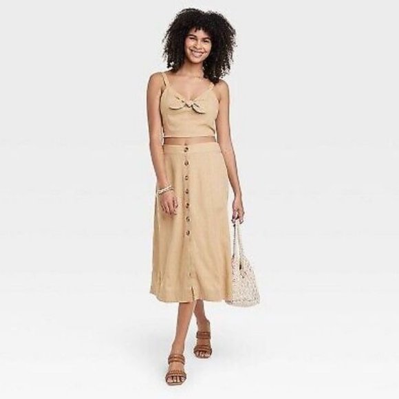 Universal Thread - Women's Tie Front Cropped Top - Tan - Large - Picture 2 of 5